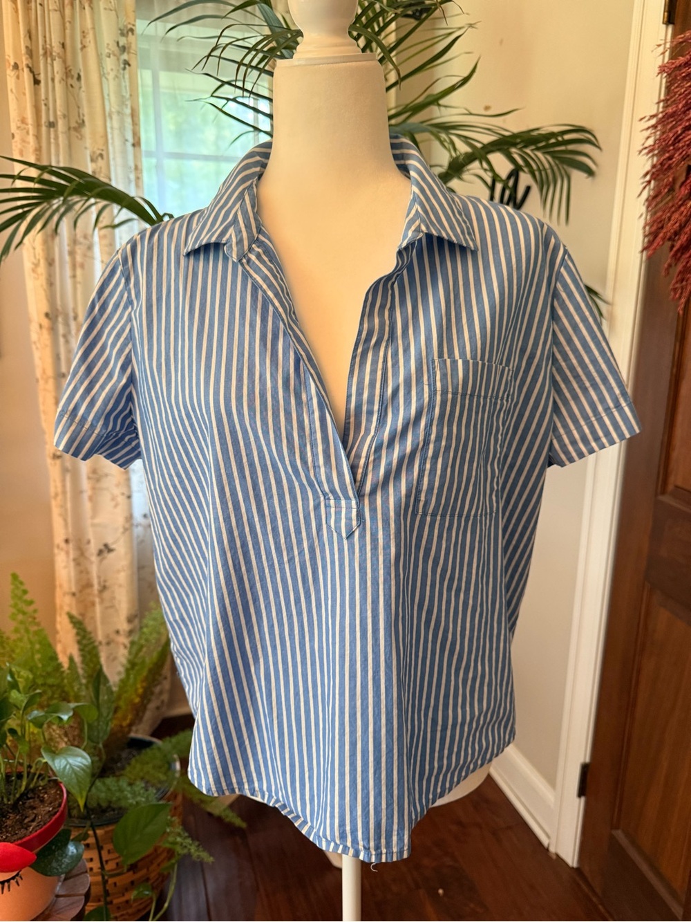 J. Crew Blue and White Striped Short-Sleeve Cotton Shirt